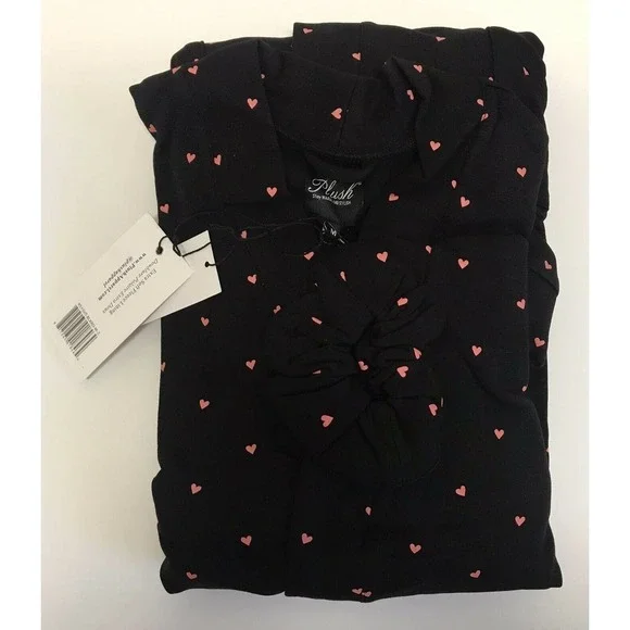 Plush x Revolve Black Fleece Lined Robe Heart Print Sz Medium NEW - Picture 2 of 5